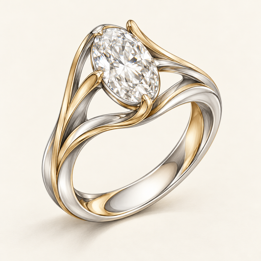 AI-assisted concept visual of a sculptural oval ring — ADM Jewellery Studio