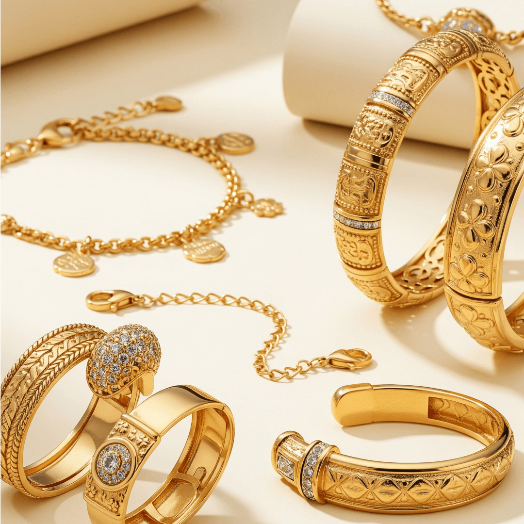 Elegant collection of GOLD BRACELETS featuring intricate designs and luxurious gold tones.