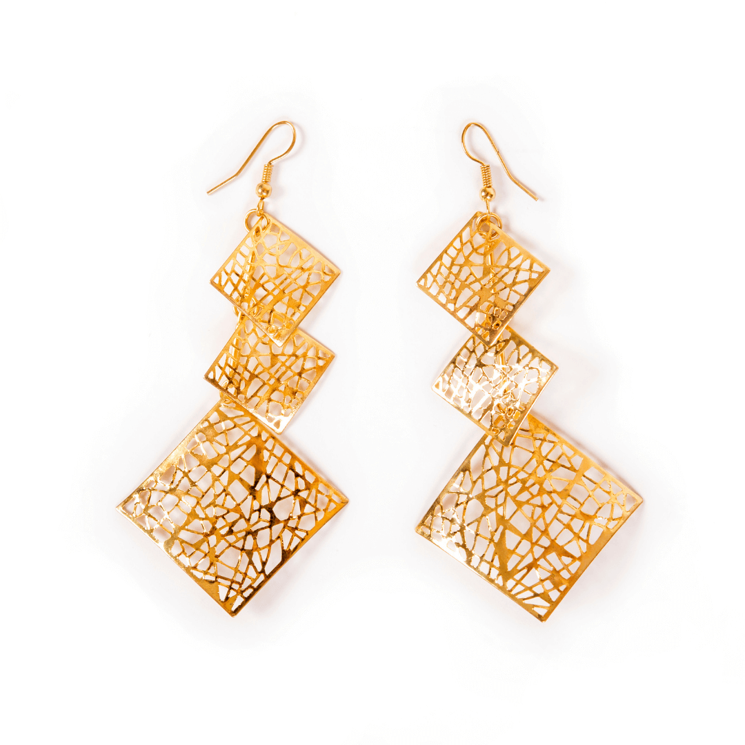 Trendy gold earring featuring a unique geometric design with layered squares.